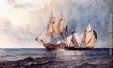 Sail Canvas Paintings - A Man-O-War And Pirate Ship At Full Sail On Open Seas